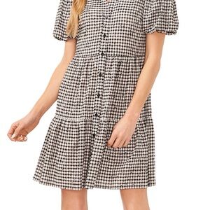 CeCe Black & White Gingham Button-Front Tiered Mini Dress